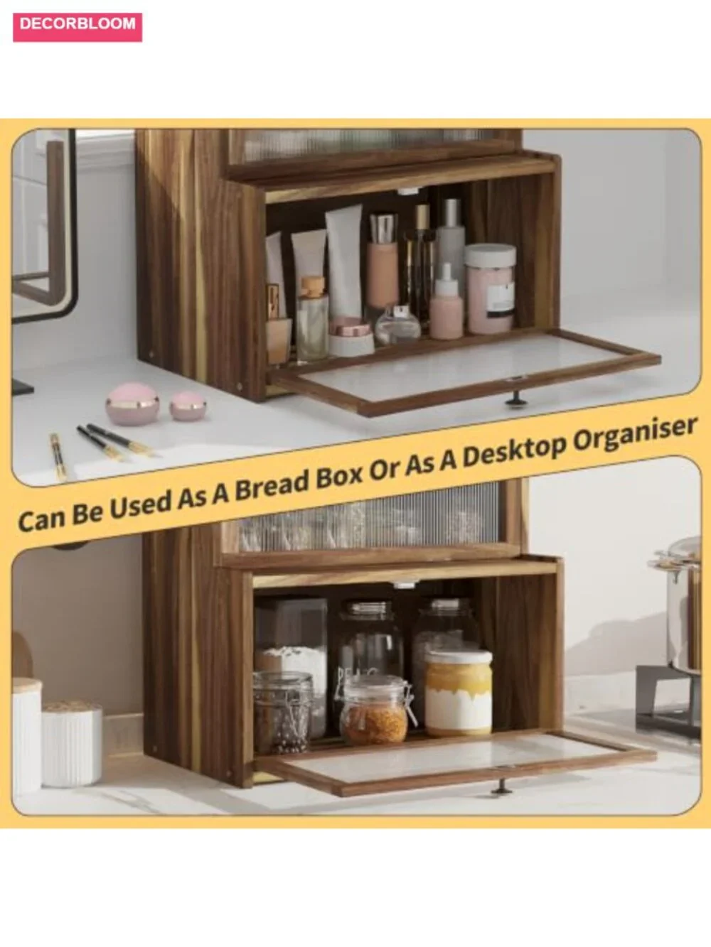 Farmhouse Acacia Wood Bread Box with Window Large Capacity Kitchen Storage